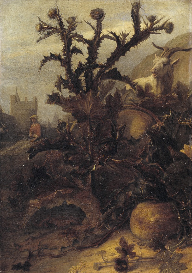 Thistle, Pumpkin and a Goat by Ламбер Думер, 1675 — digital art print download