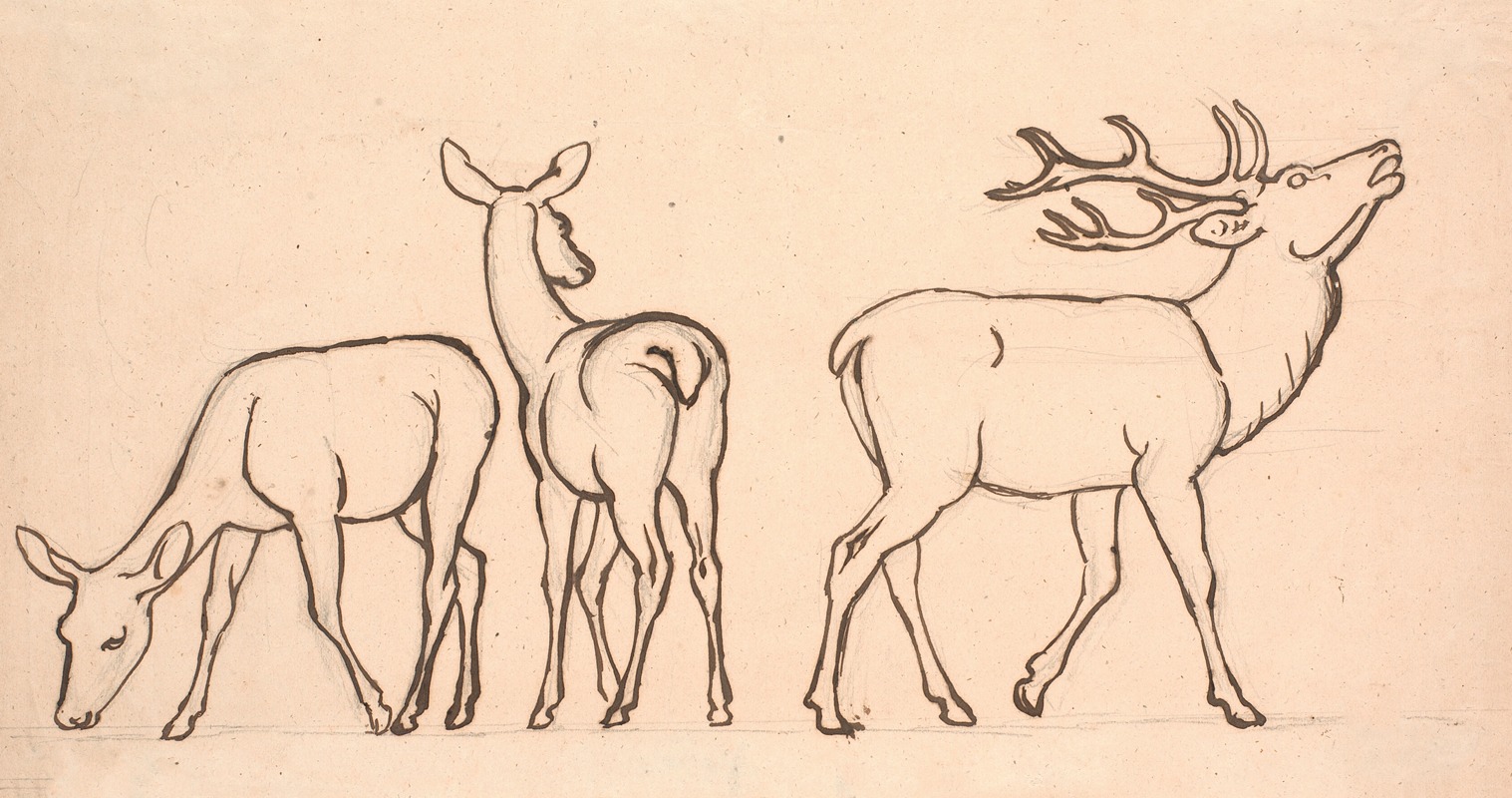 Kronhjorte og to hinde by П. К. Сковгорд, 1854 - 1858 — digital art print download