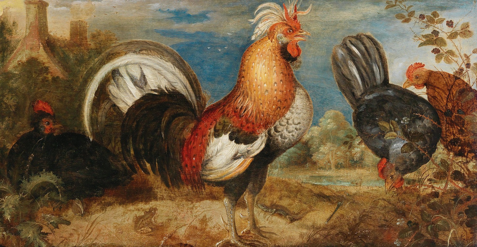 A rooster and chicken in a landscape — Roelant Savery