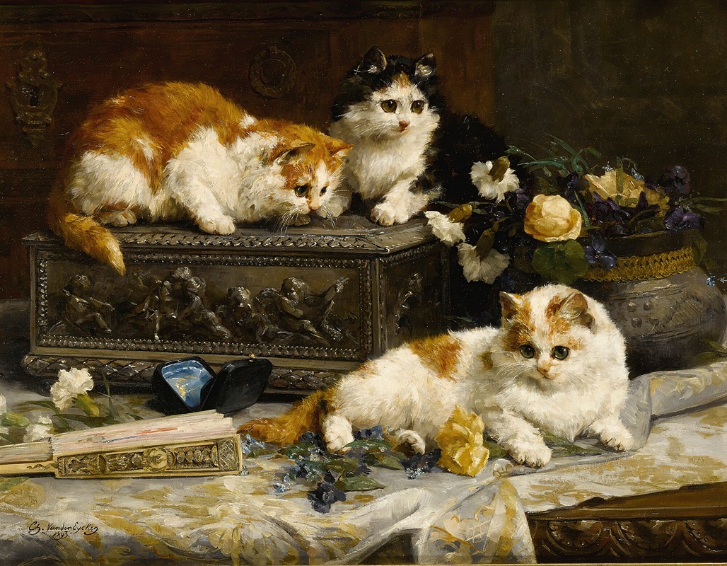 Three Watchful Kittens by Шарль Ван Ден Эйкен, 1893 — digital art print download