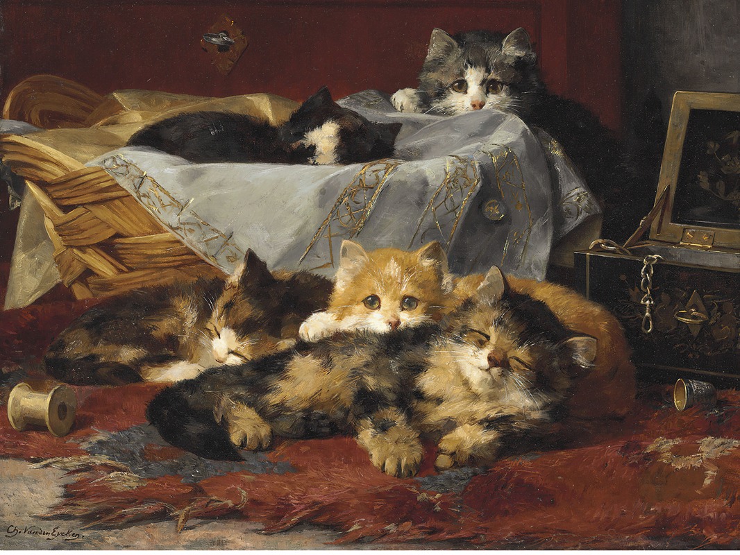 Kittens In A Basket by Charles Van Den Eycken — digital art print download