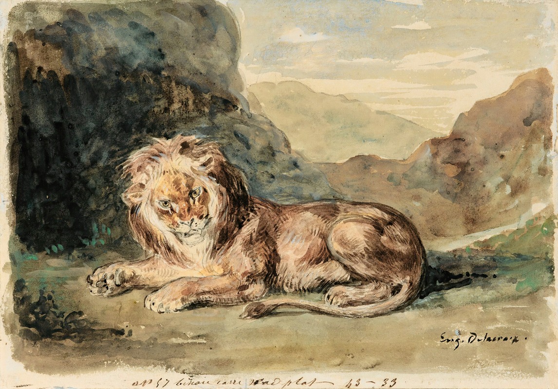 Lying Lion In A Landscape by Эжен Делакруа — digital art print download