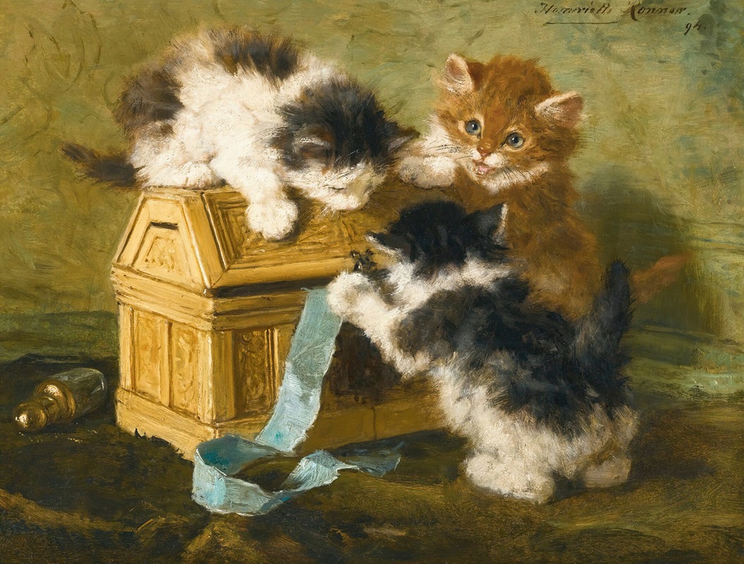 Three Kittens With A Casket And Blue Ribbon — Henriëtte Ronner-Knip