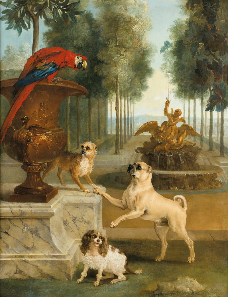 Three Dogs And A Macaw In A Park — Jean-Baptiste Oudry