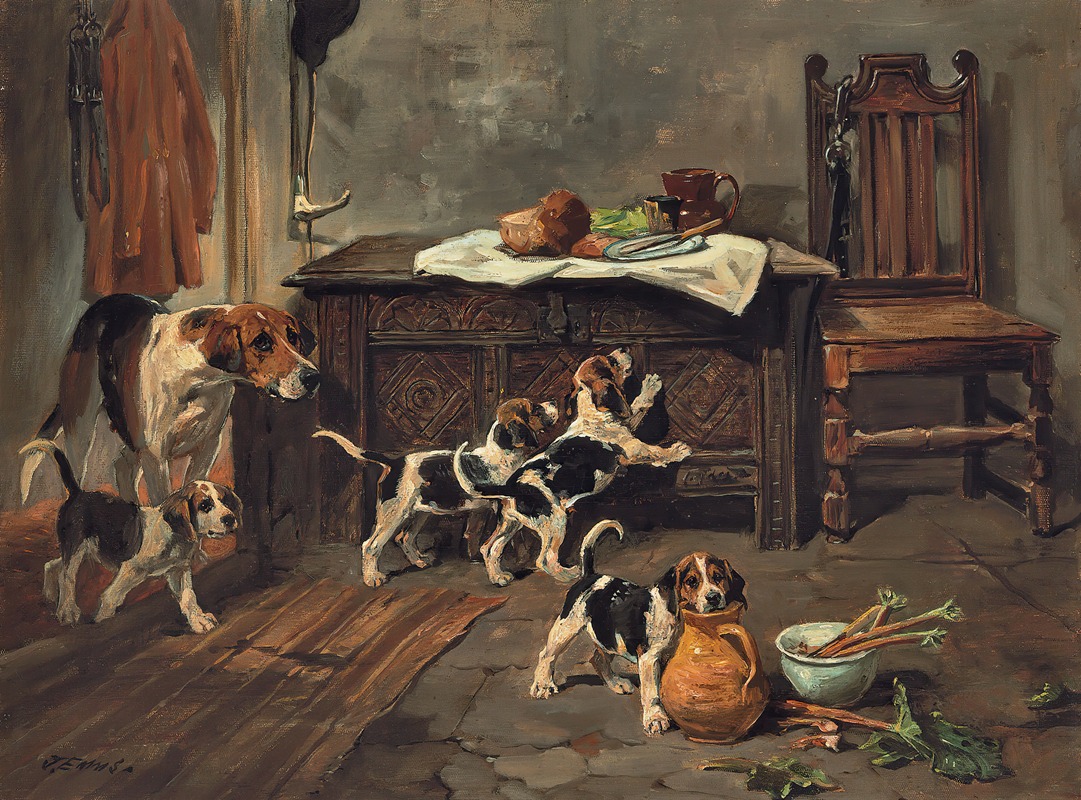 Hounds And Puppies In An Interior — John Emms