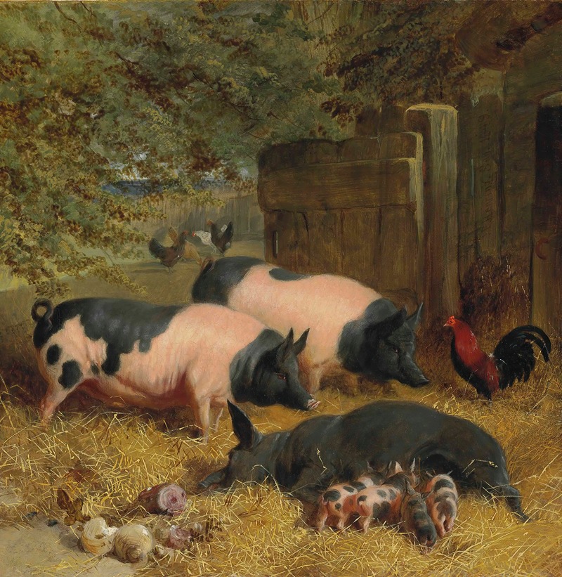 Berkshire Saddlebacks and Chickens in a Straw-bedded Yard — John Frederick Herring Snr.