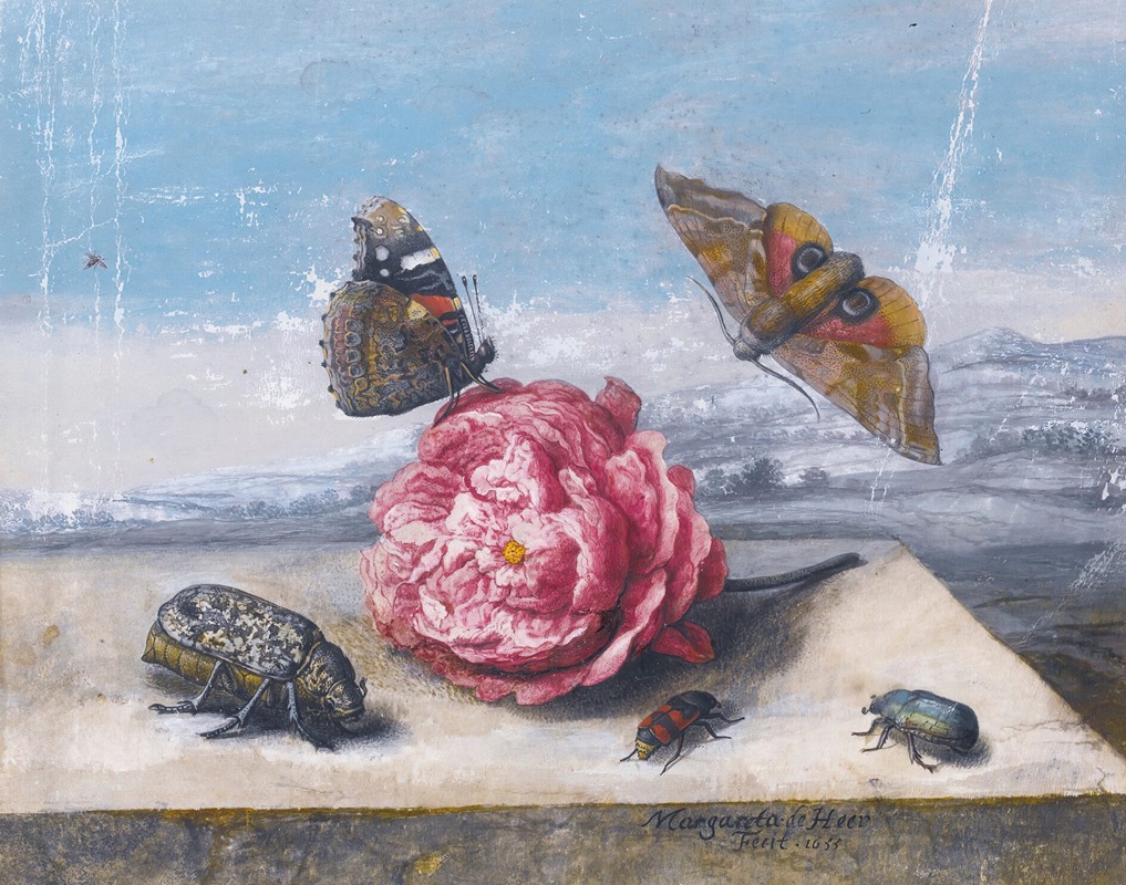 Still Life With Insects Around A Rose On A Stone Ledge — Margareta de Heer