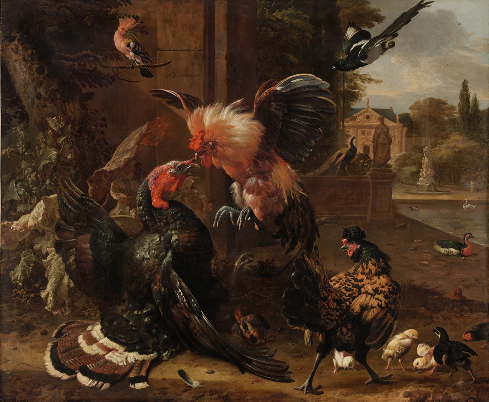 A Rooster and Turkey Fighting by Melchior d'Hondecoeter, c. 1680 — digital art print download