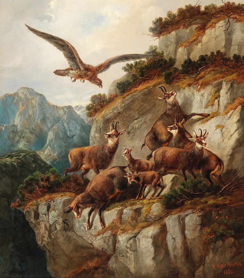 Chamois and Eagle on a Steep Cliff Face by Мориц Мюллер, 1871 — digital art print download