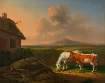 Pferd und Kuh im Wirtschaftshof by Alexander Johann Dallinger von Dalling, 1832 — digital art print download