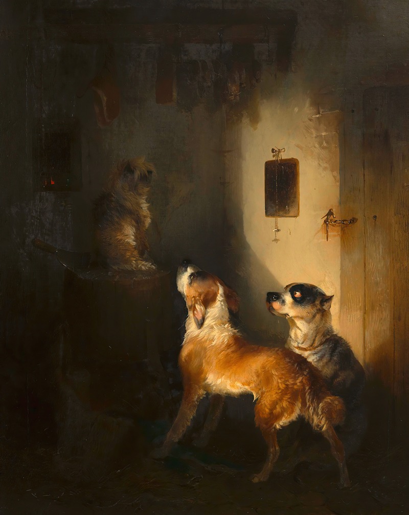 Drei Hunde in einer Fleischkammer by Carl Pischinger, 1861 — digital art print download