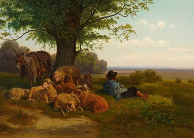 Schafhirte mit Herde bei der Mittagsrast by Густав Ранцони, 1869 — digital art print download