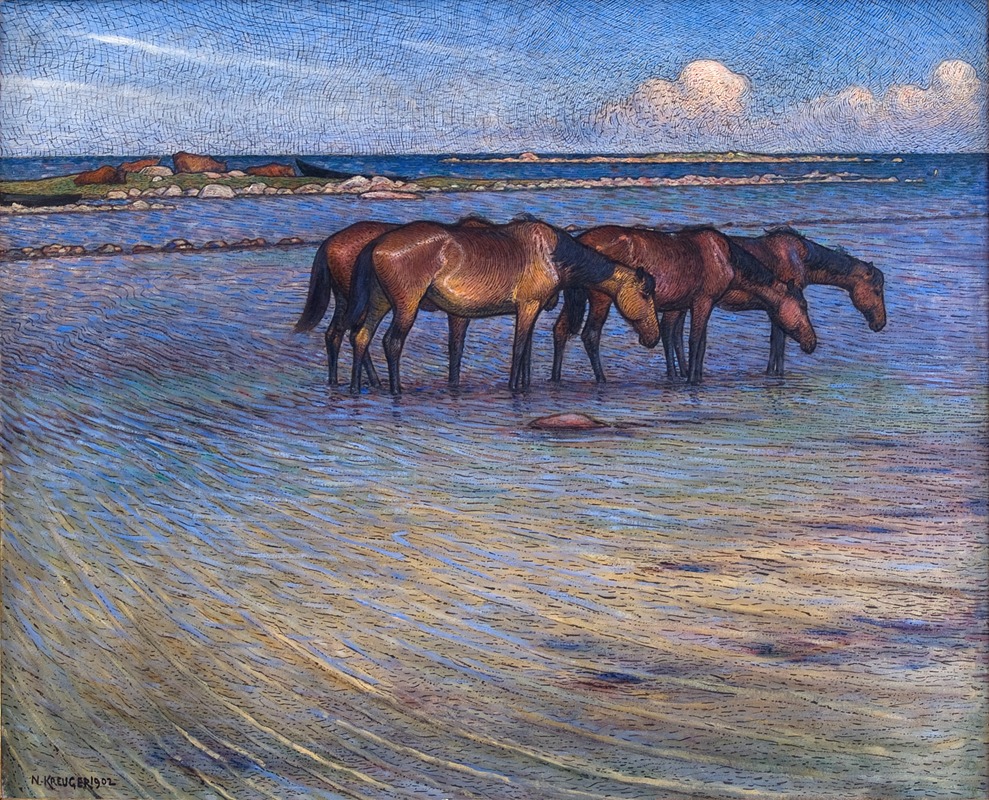 Horses Cooling Themselves in Water by Нильс Крюгер, 1902 — digital art print download