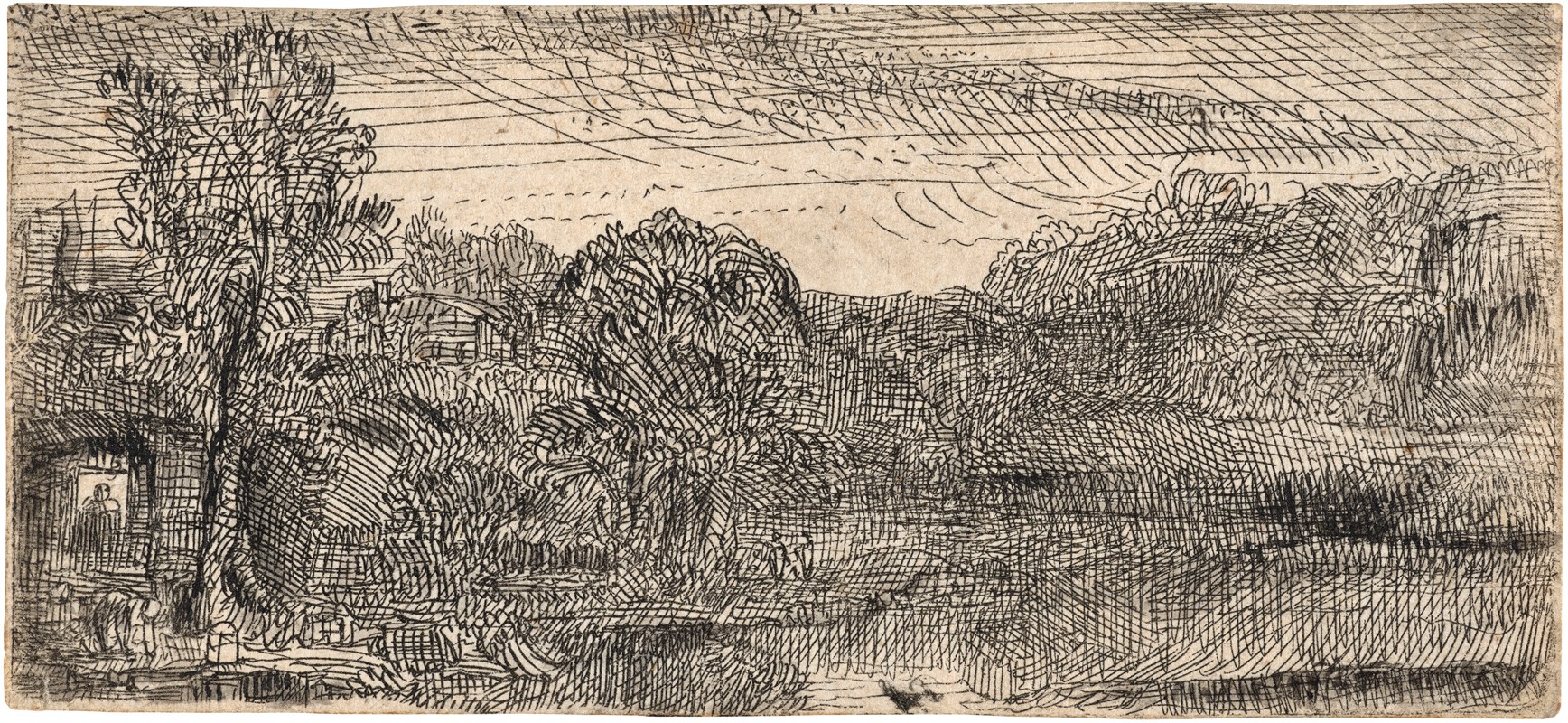 Small Grey Landscape: a House and Trees beside a Pool — Rembrandt van Rijn