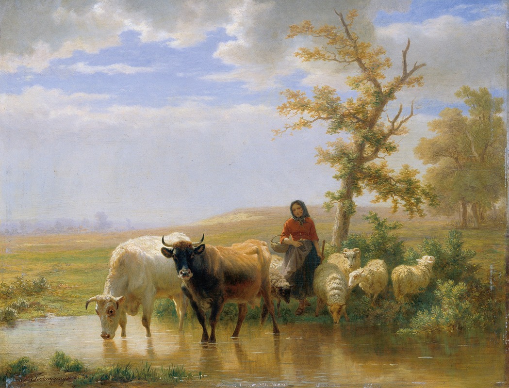 Kühe und Schafe by Edmond Jean-Baptiste Tschaggeny, 1856 — digital art print download
