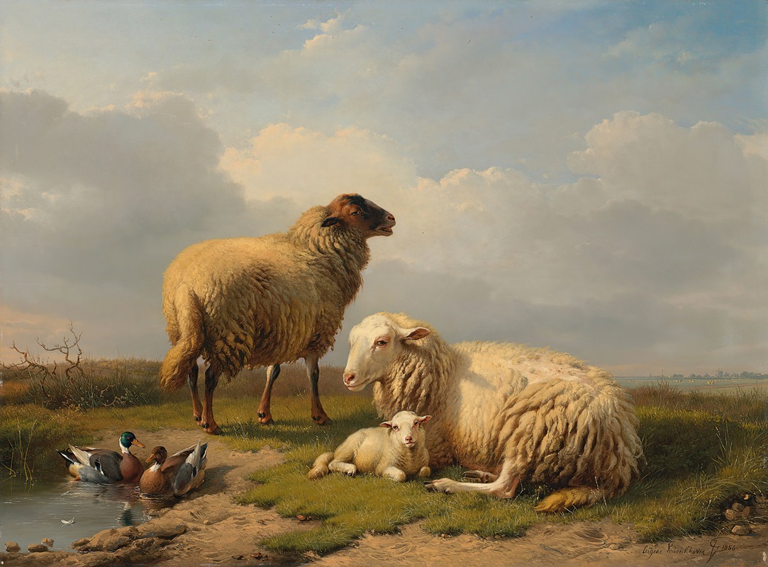 Sheep, Lamb and Ducks by a pond by Южен Жозеф Вербокховен, 1856 — digital art print download