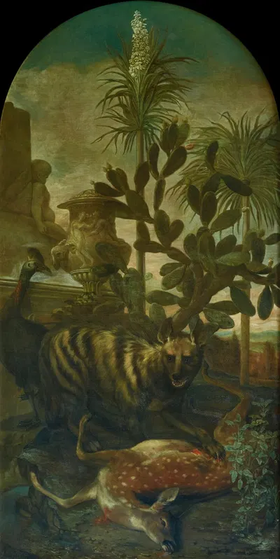 Hyäne, Antilope und Kasuar in Kakteenlandschaft by Ignaz Heinitz von Heinzenthal, 1723 — digital art print download