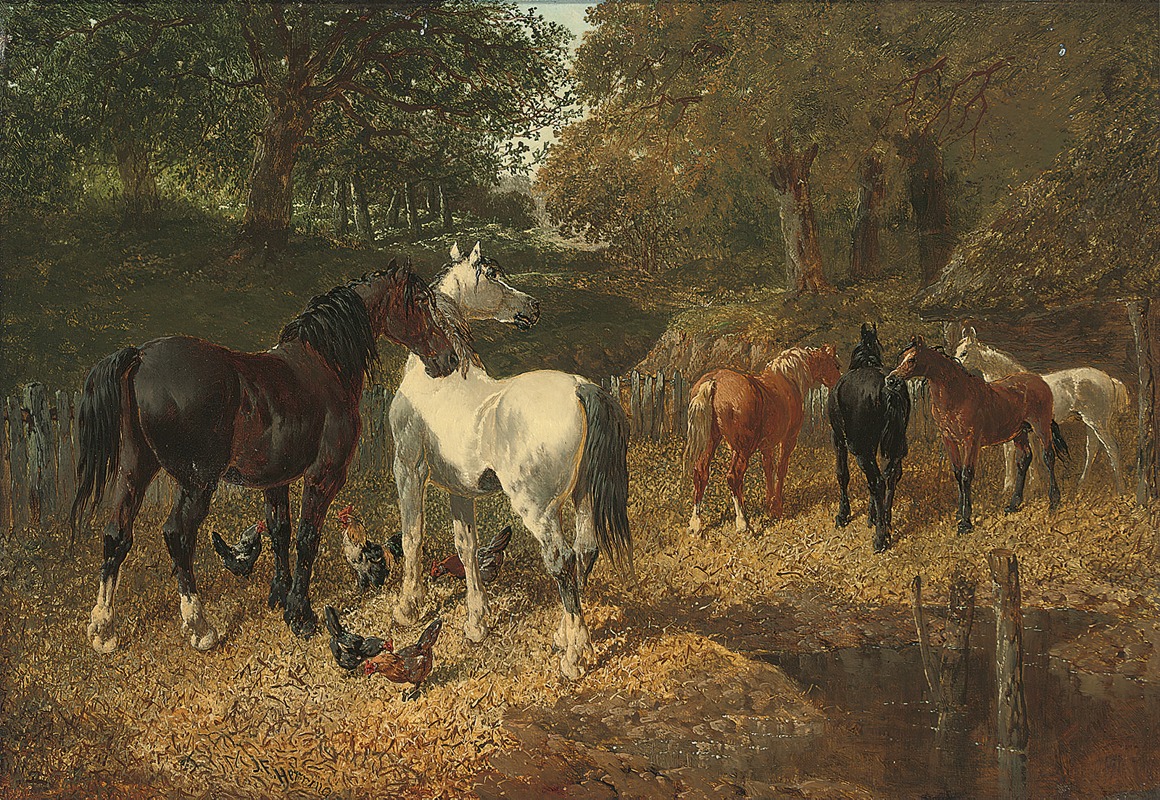 Hens and horses by a stream by Джон Фредерик Херринг-младший — digital art print download