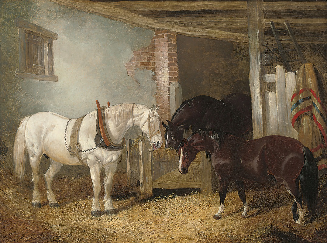 Three horses in a stable feeding from a manger — Джон Фредерик Херринг-младший