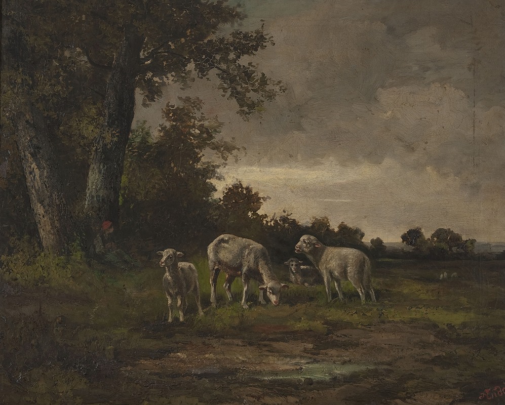 Sheep in the meadow at the forest edge — Michał Elwiro Andriolli