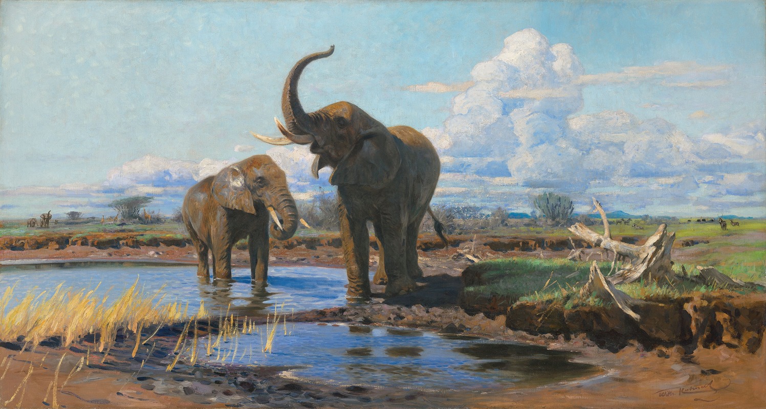 Elephants at a waterhole by Вильгельм Кунерт — digital art print download