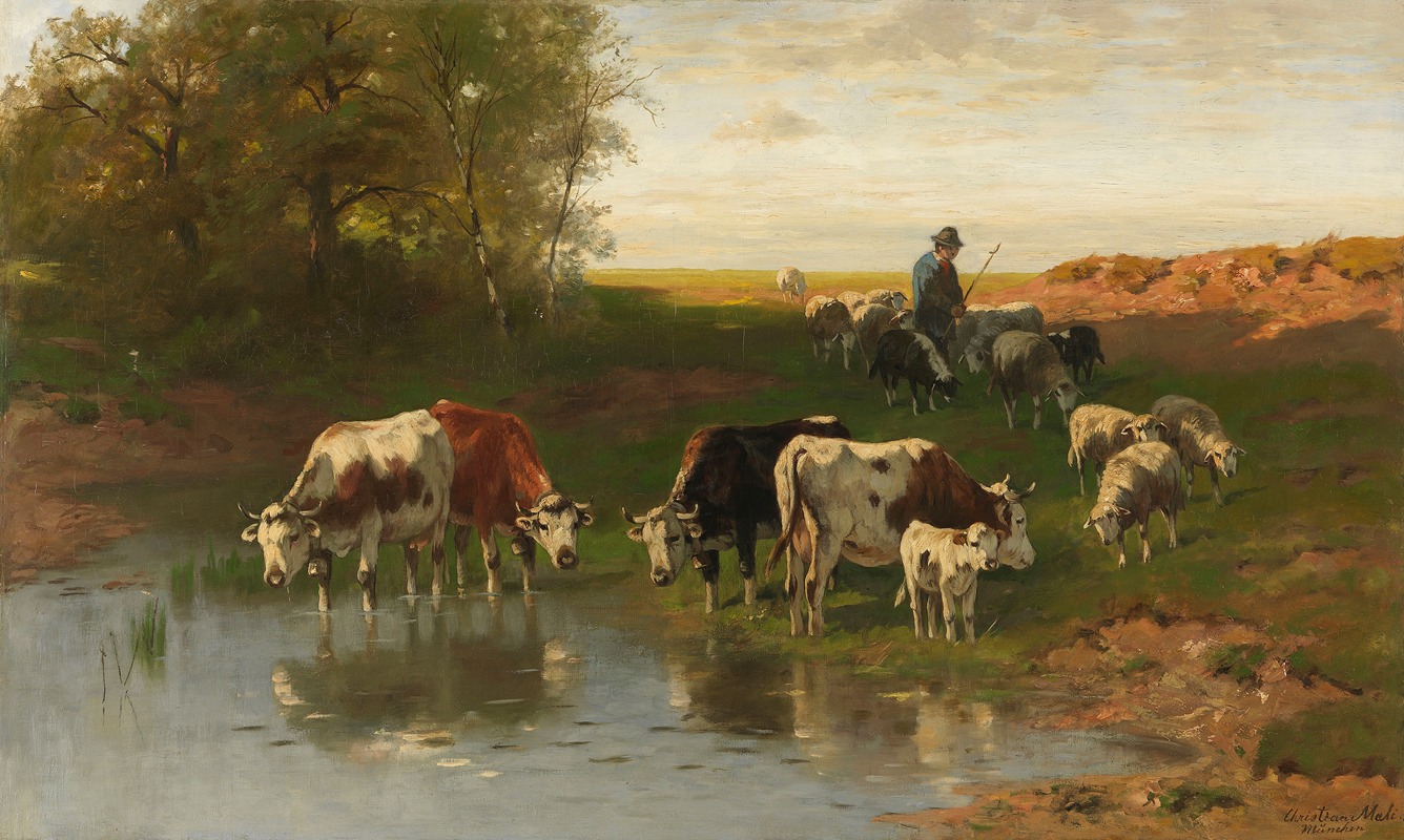 Vieh mit Hirte an der Furt — Christian Friedrich Mali