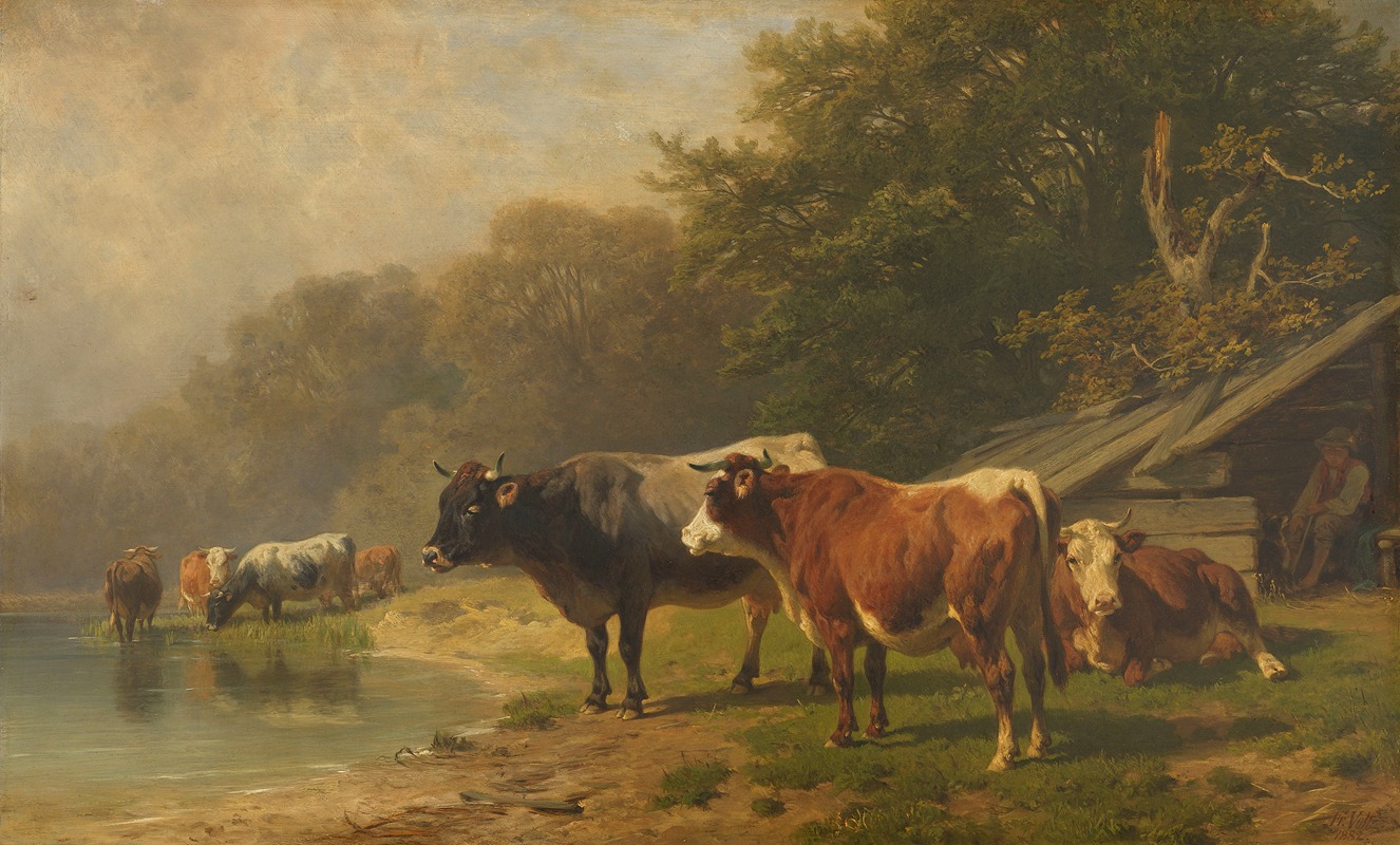 Rinder am Seeufer by Фридрих Вольц, 1882 — digital art print download