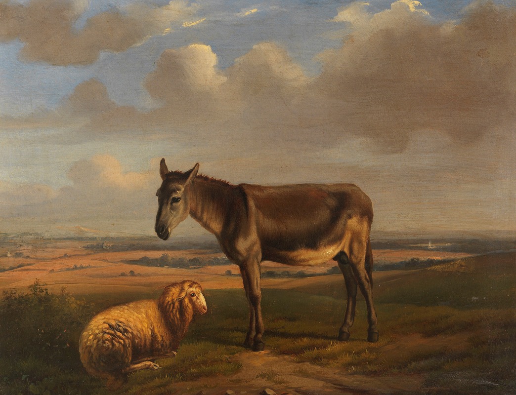 Schaf und Esel vor weiter Landschaft by Adolphe Malherbe, 1846 — digital art print download