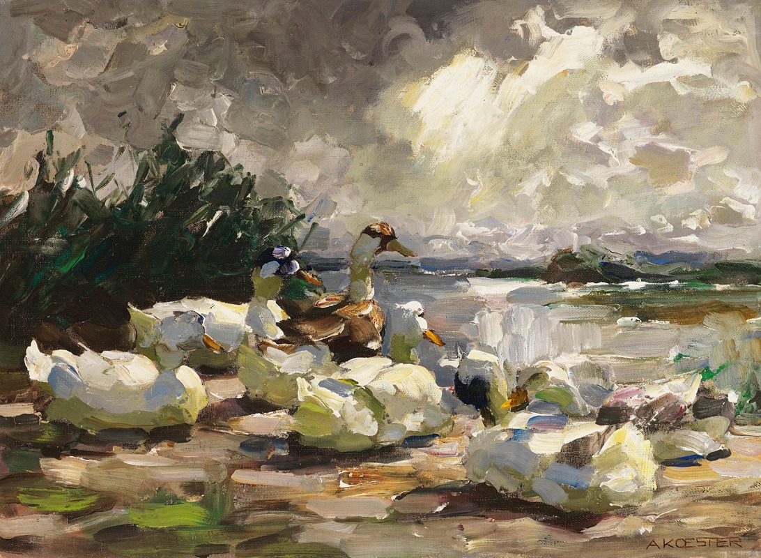 Enten am Ufer (schöne Wolkenstimmung) — Alexander Koester