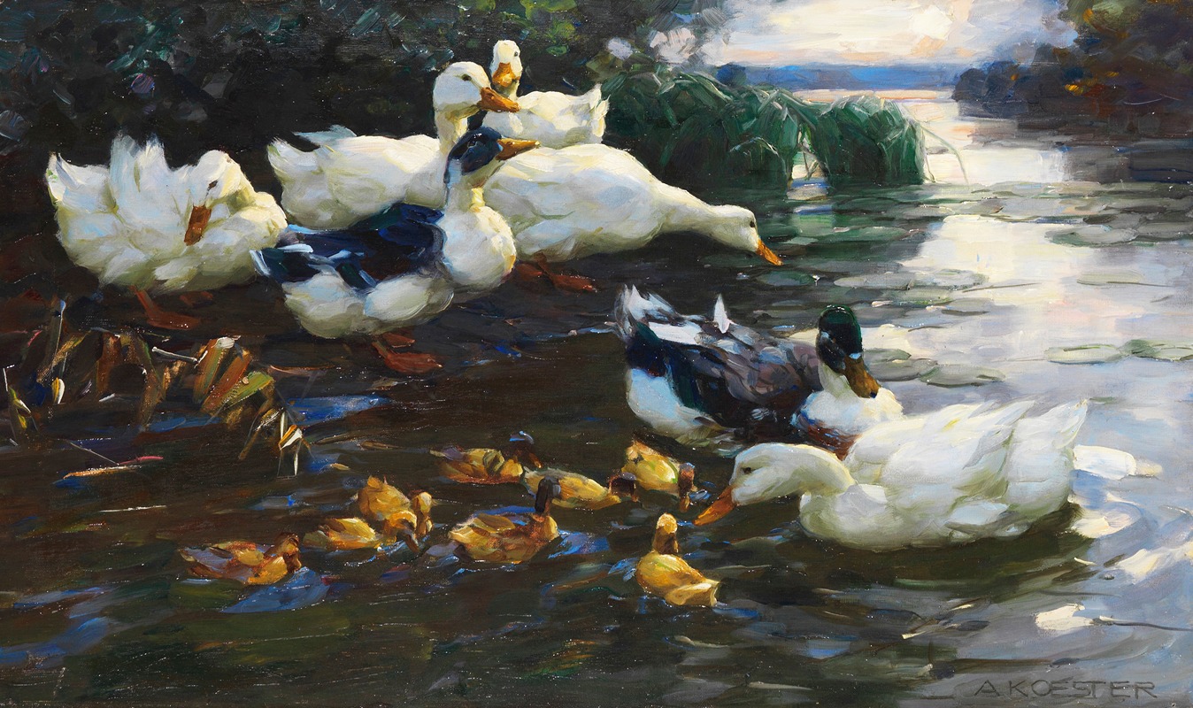 Enten mit Küken im Wasser — Александр Кёстер
