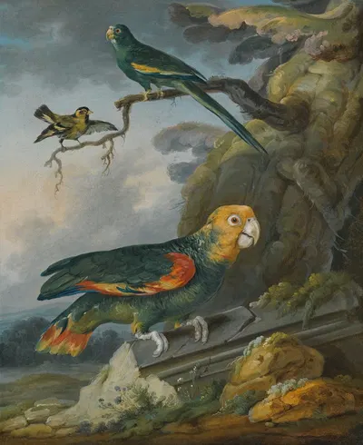 A Parrot, A Perroquet And A Gold Finch At The Base Of A Tree by Кристоф Уэ — digital art print download