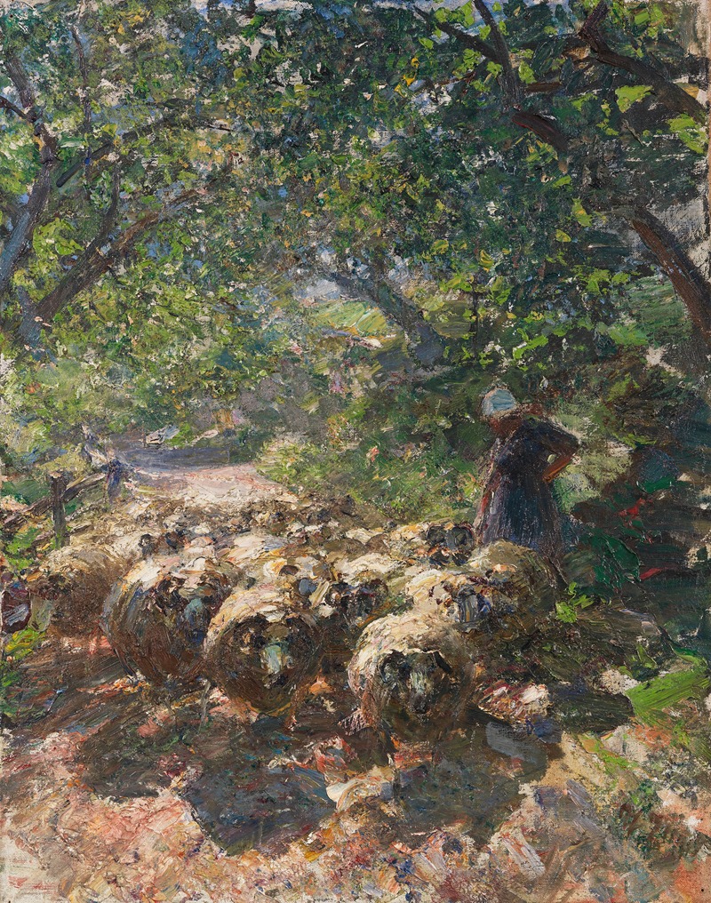 Schafherde mit Hirtin im schattigen Hohlweg — Генрих фон Цюгель