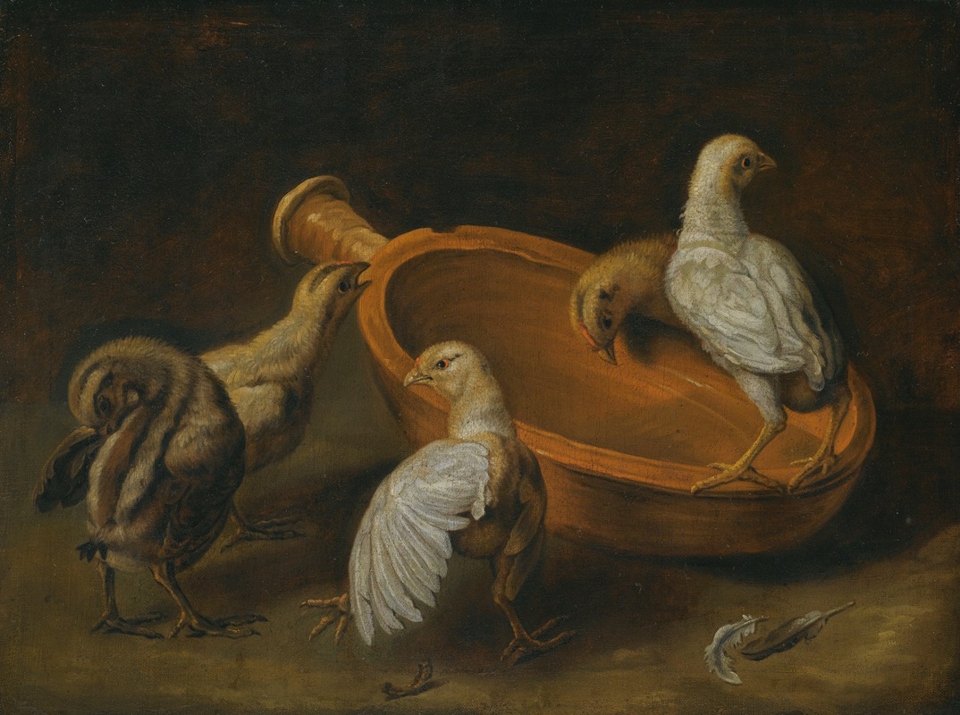 Five Chicks Assembled Around A Bowl Of Water — Jacobus Victors
