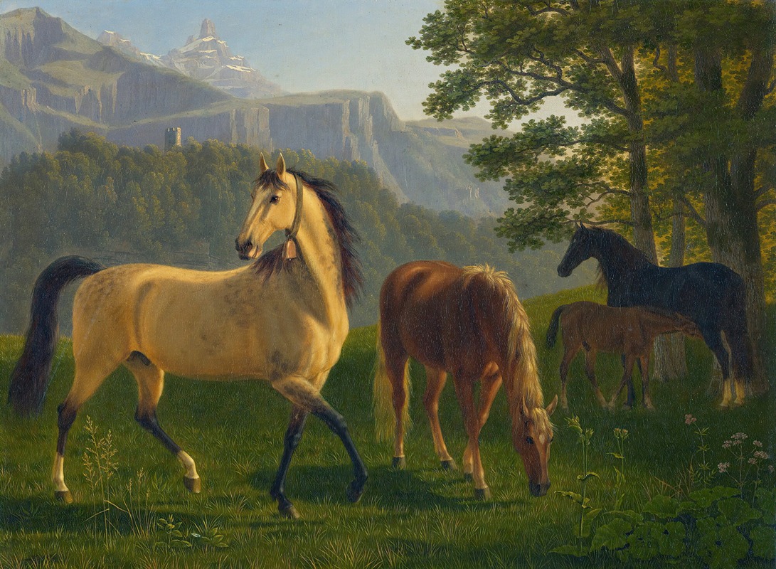 Pferde Vor Landschaft Horses In Landscape — Johann Jakob Biedermann