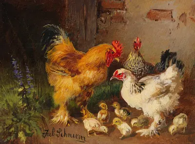 Hahn, Hühner und Küken vor dem Stall auf der Wiese by Julius Scheuerer — digital art print download
