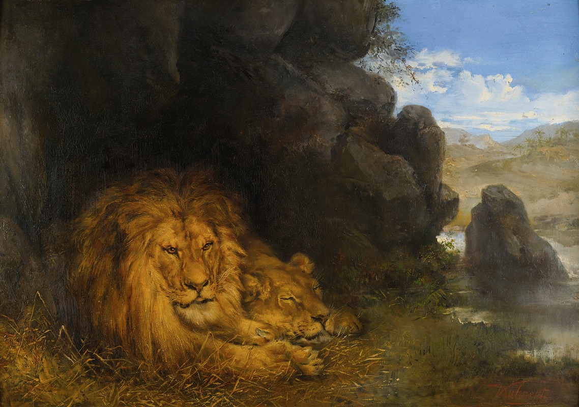Two lions in a cave by Вильгельм Кунерт — digital art print download