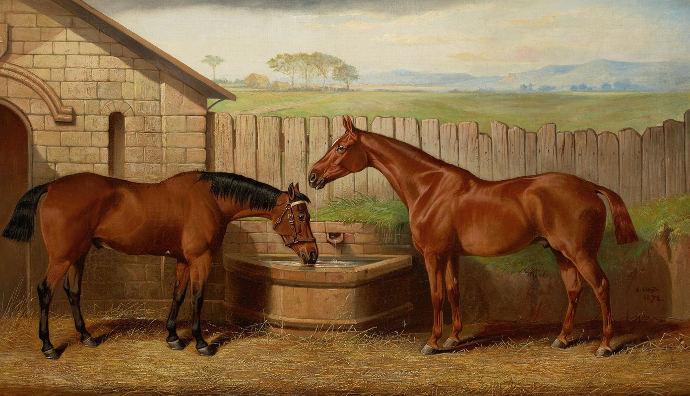 Two Hunters at a Water Trough by Edward Lloyd, 1872 — digital art print download