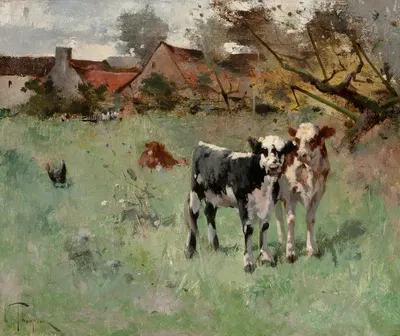 Two Cows in a Pasture by Гарри Айвс Томпсон — digital art print download
