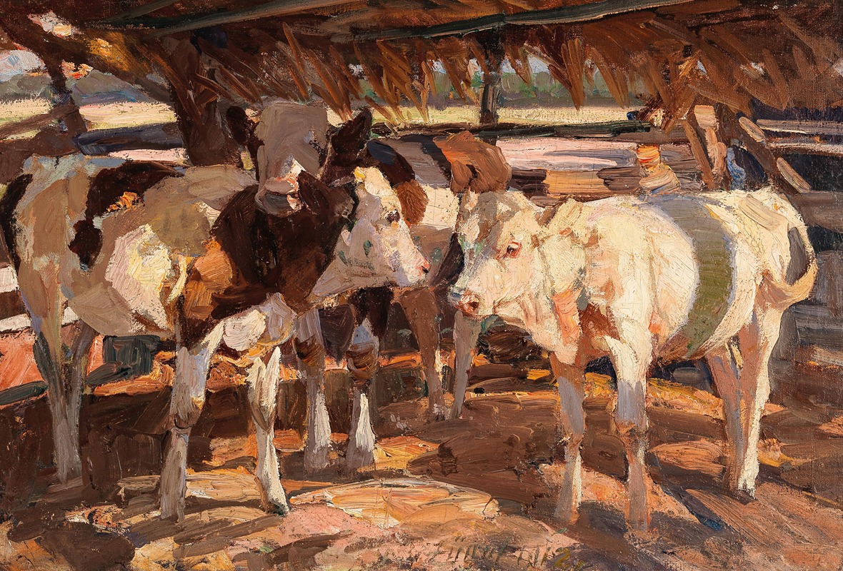Drei Kälber bei der Futterraufe by Генрих фон Цюгель, 1912 — digital art print download