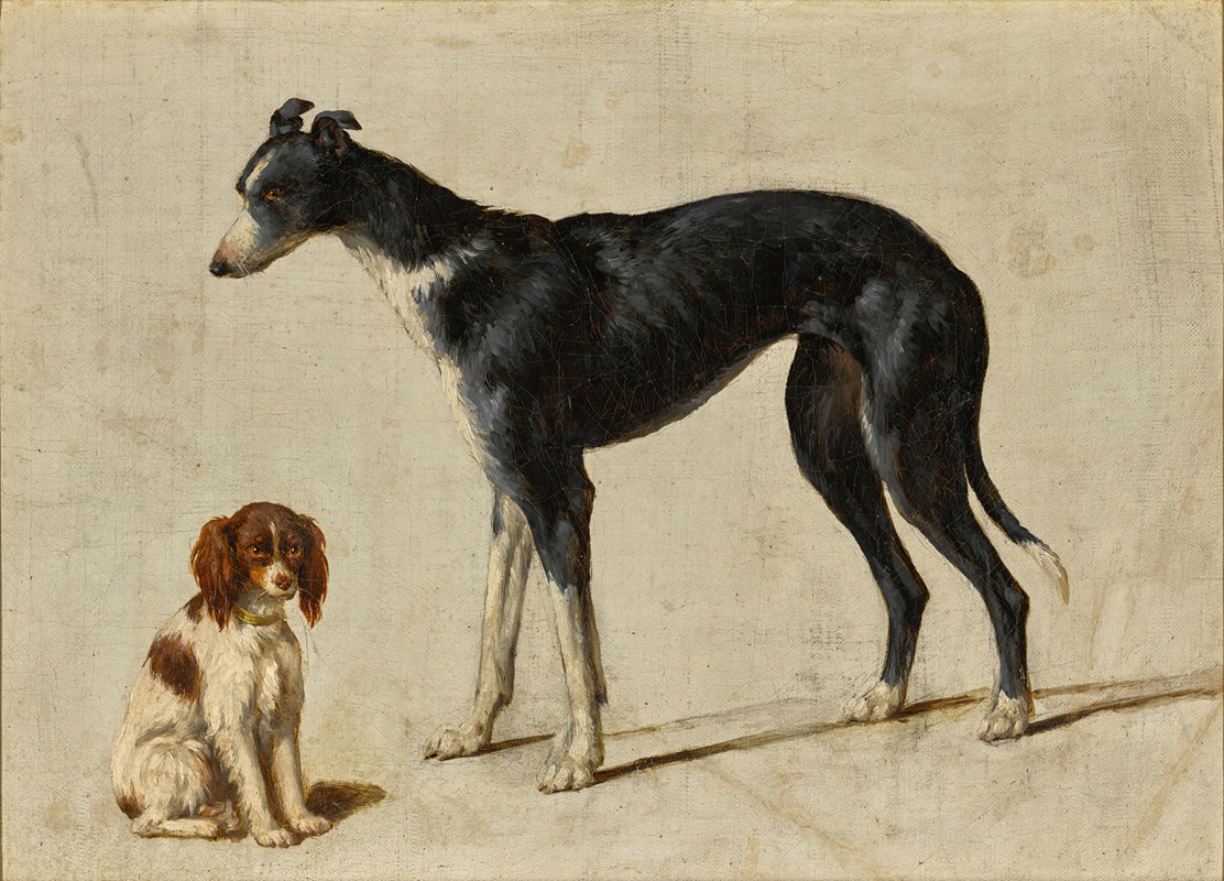 A seated Cavalier King Charles spaniel and a standing greyhound — Hendrik Stokvisch