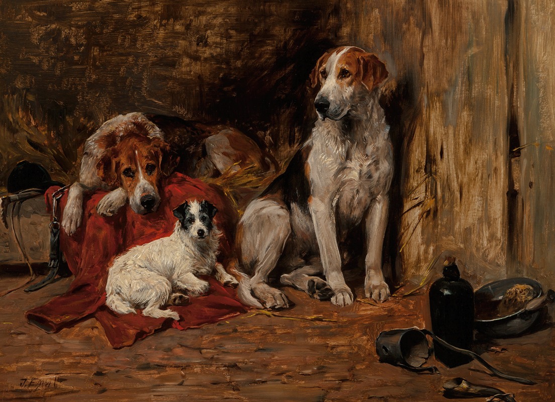 Hounds and a Jack Russell in a stable — John Emms
