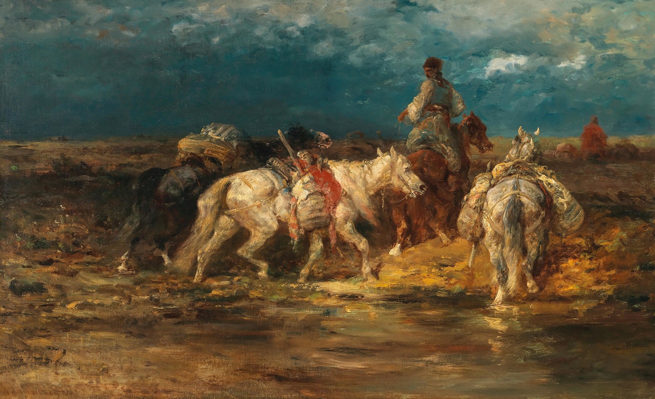 Wallachian Packhorses at the Ford by Адольф Шрайер — digital art print download