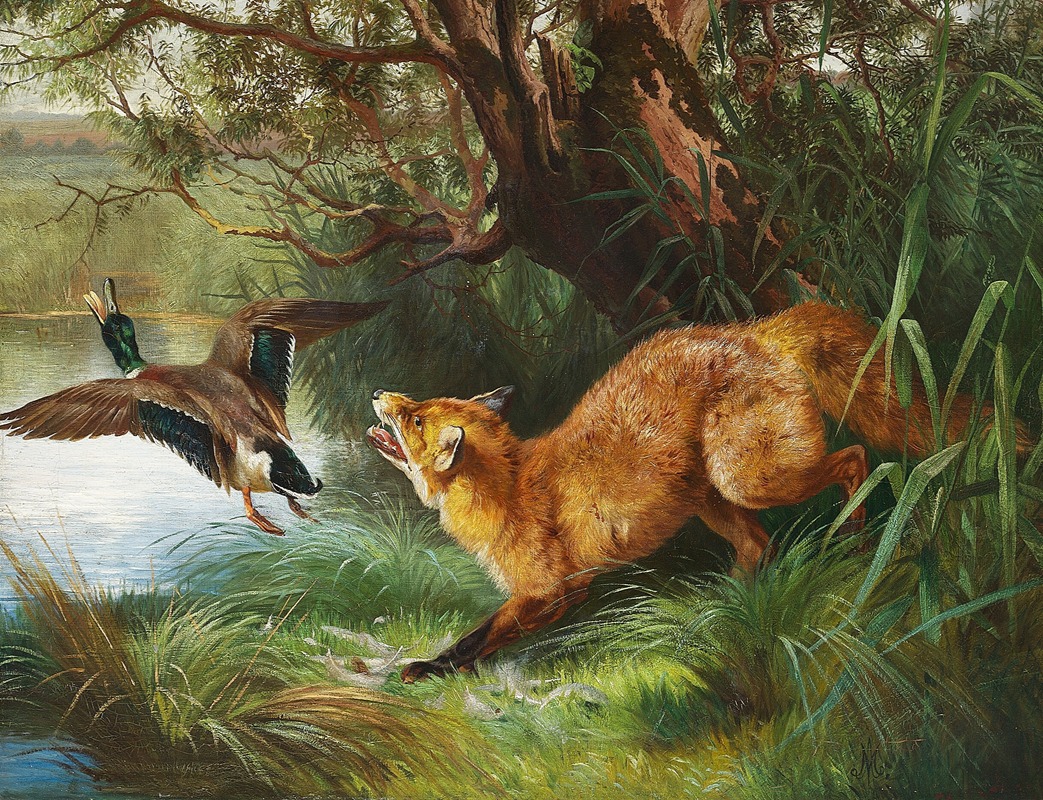 En ræv på jagt efter en gråand by Адольф Маккепранг — digital art print download