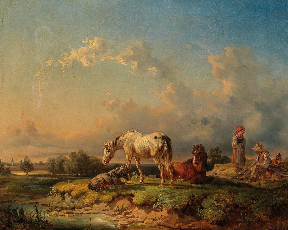 Horses Resting by a River by Адольф ван дер Венне, 1854 — digital art print download