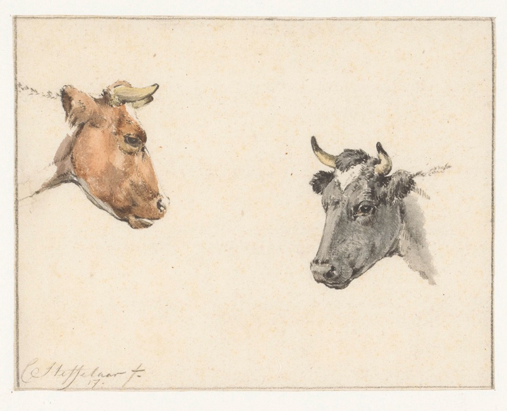 Studieblad met twee koeienkoppen by Cornelis Steffelaar, 1817 — digital art print download