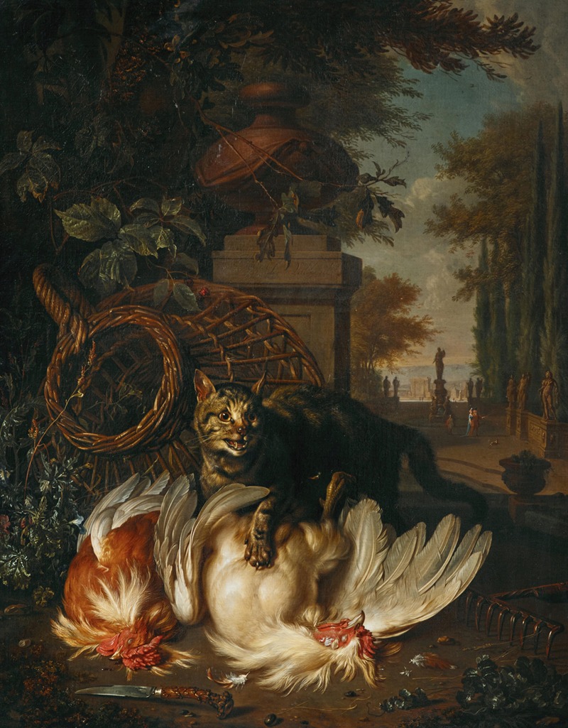 A cat attacking chickens by a basket, a rake and a knife — Dirk Valkenburg