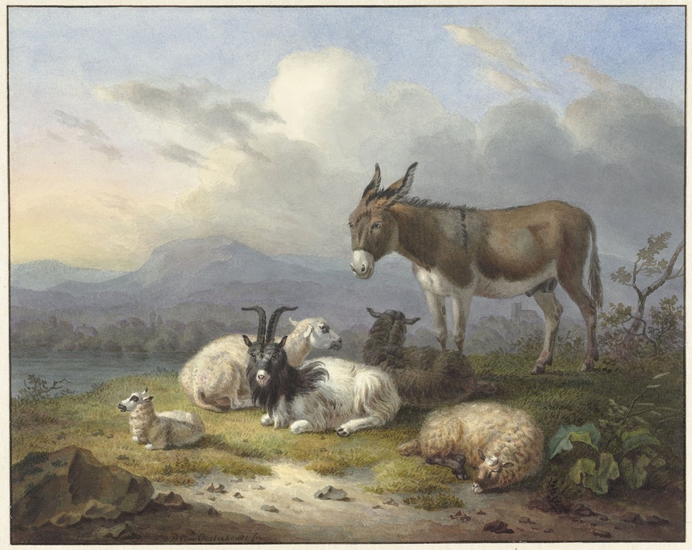 Landschap met ezel, geit en schapen — Dirk van Oosterhoudt