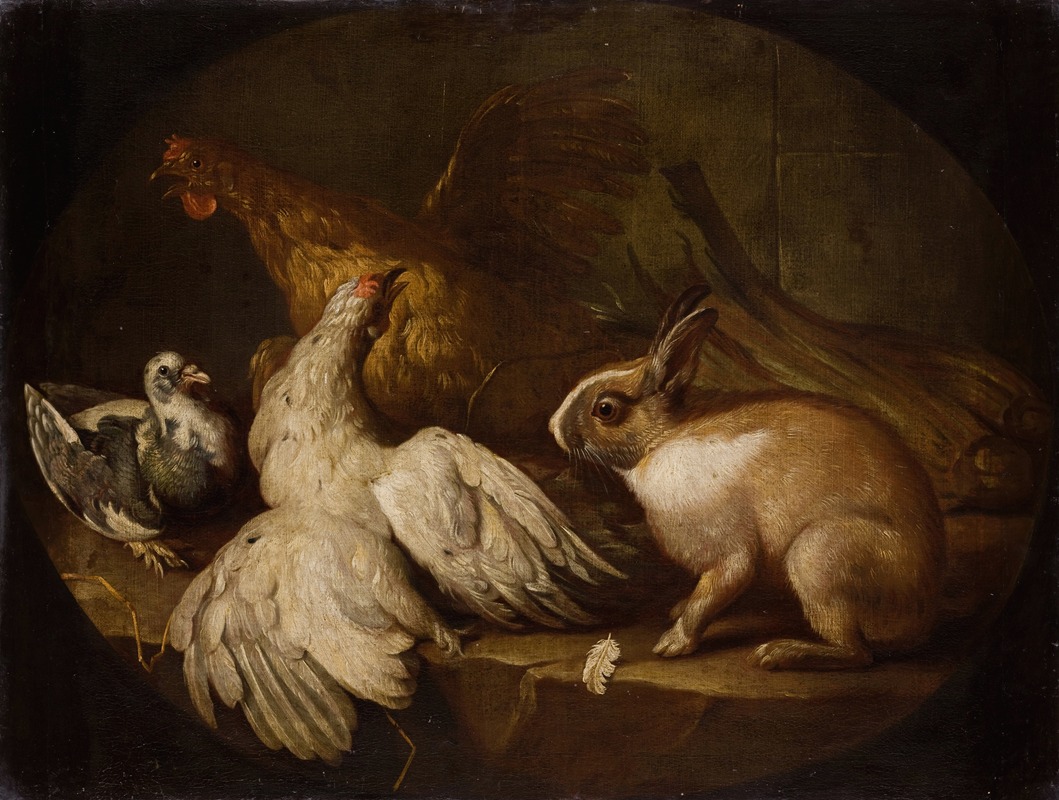 Hens, a Pigeon and a Rabbit by Giovanni Agostino Cassana, 1718-1720 — digital art print download
