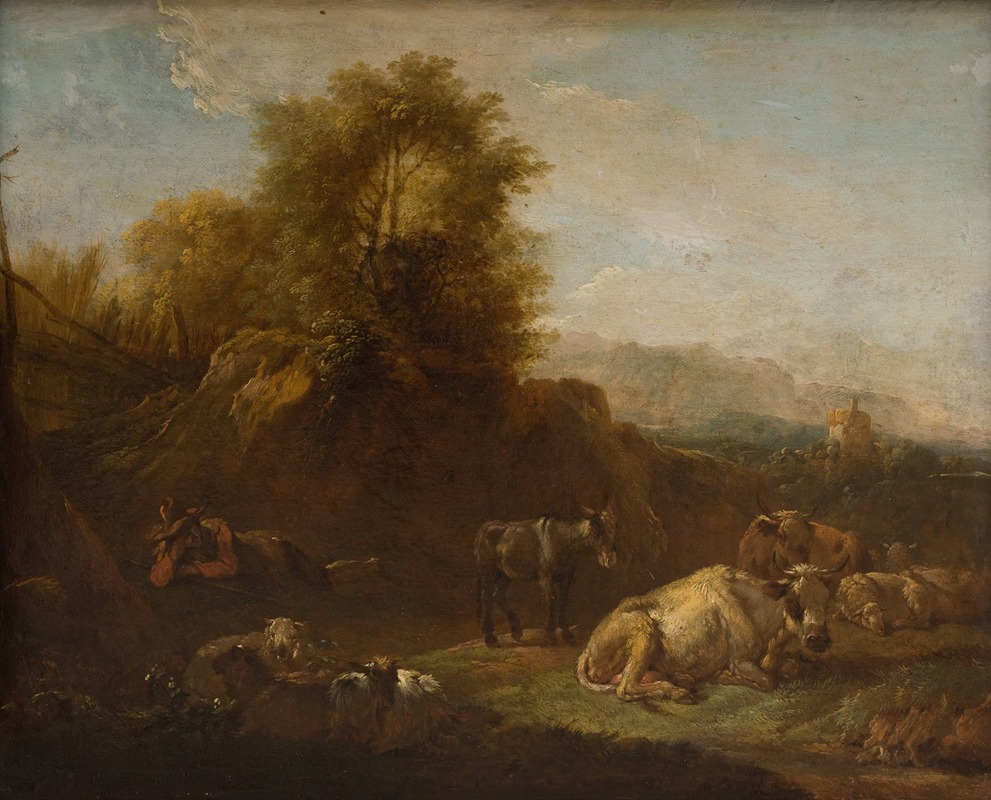 Landscape with Animals and a Shepherd by Николаес Питерсз. Берхем — digital art print download