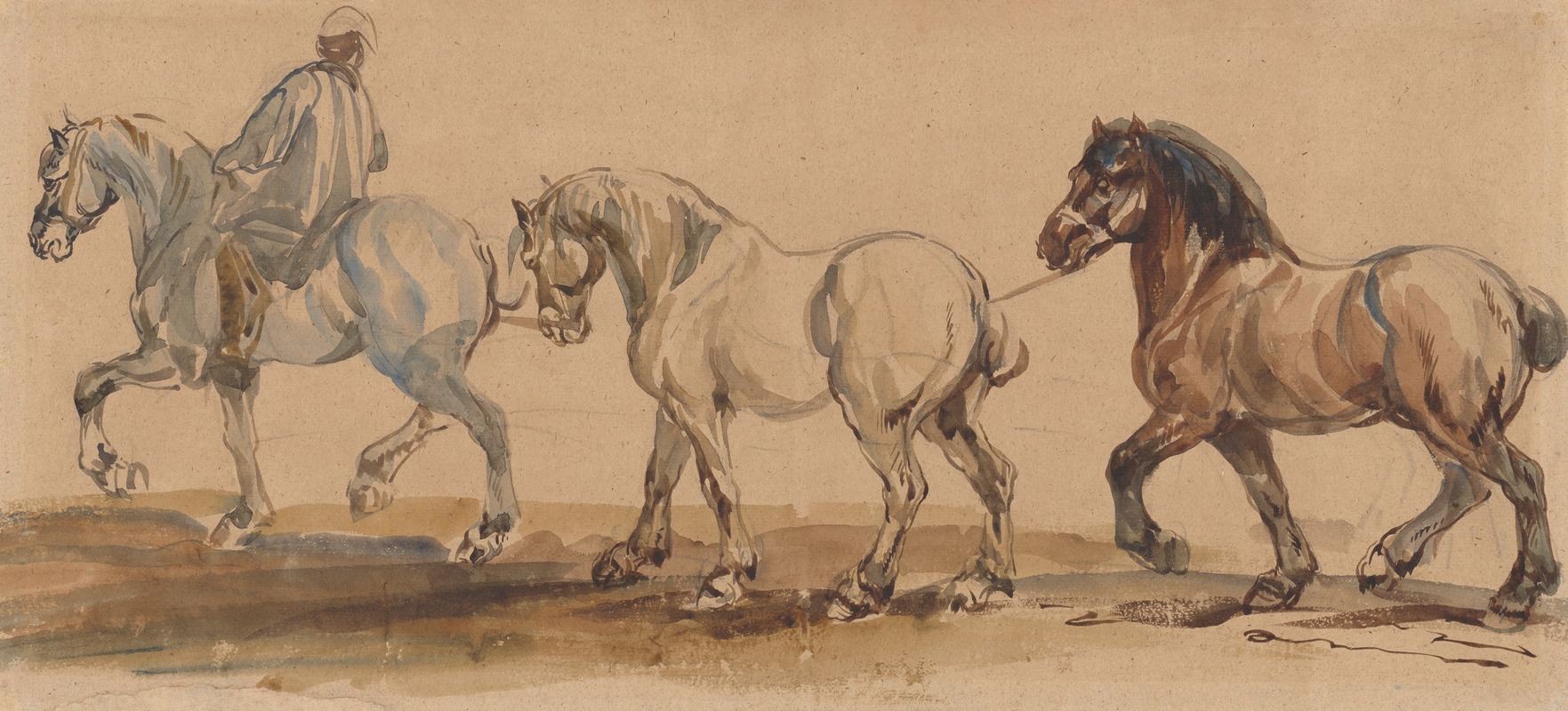 Three horses harnessed one behind the other by Пётр Михаловский, 1845-1848 — digital art print download